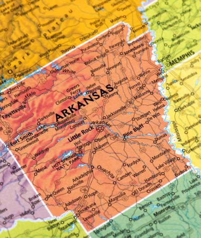 A map of the state of Arkansas among surrounding states