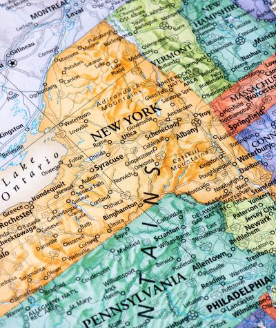 A map of the state of New York surrounded by other states