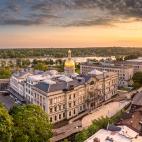 Aerial panorama of Trenton New Jersey skyline amd state capitol at sunset.