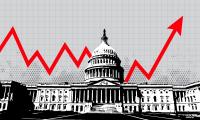 A black and white drawing of the U.S. Capitol Building with the jagged red line of a stock graph behind it.