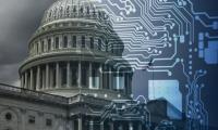 The U.S. capitol building with the American flag flying overlaid with an image of computer circuits