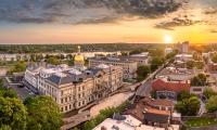 Aerial panorama of Trenton New Jersey skyline amd state capitol at sunset.