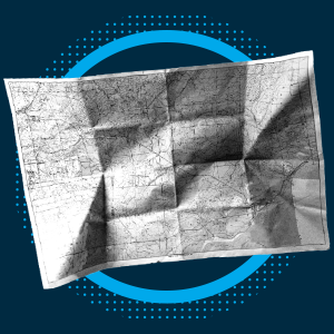 A creased black-and-white topographic road map