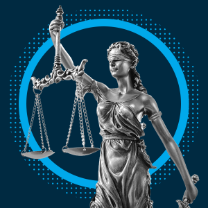 Statue of Lady Justice, blindfolded and holding balanced scales