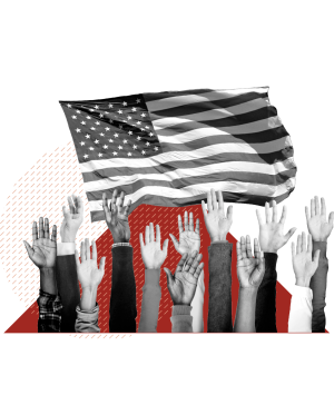 A collage image of hands raised in front of an American flag