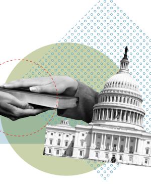 Collage illustration of the hand of a decision maker being sworn in, and the U.S. Capitol
