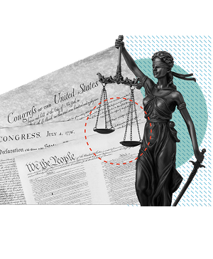 Blindfolded Lady Justice statue holding scales, overlaying U.S. Constitution text and Declaration of Independence. Themes of justice, law, and American history.