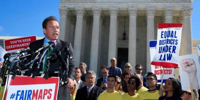Arnold Schwarzenegger speaks at Fair Maps Rally