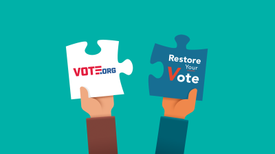 Two hands holding interlocking puzzle pieces, one that says Vote.org and the other that says Restore Your Vote