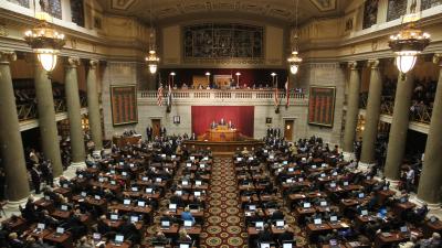 Wide shot of the interior of the Missouri legislature from above