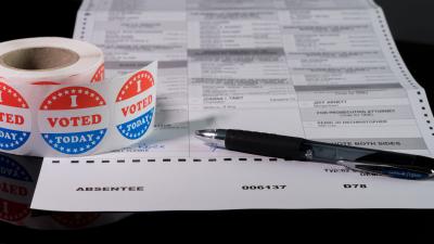 West Virginia state primary election absent ballot form with focus on the word Absentee and on I Voted Today sticker