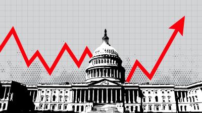 A black and white drawing of the U.S. Capitol Building with the jagged red line of a stock graph behind it.