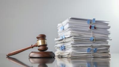 A gavel next to a pile of documents