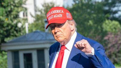 Donald Trump wearing a "Make America Great Again" hat and raising his fist.