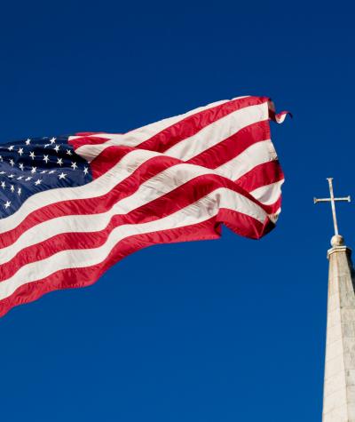American flag and church steeple
