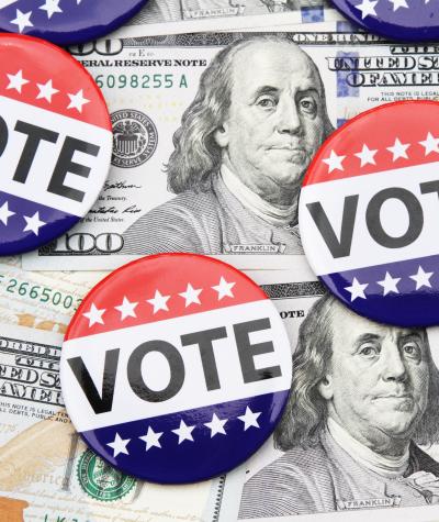 "VOTE" buttons on 100 dollar bills