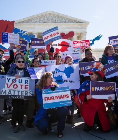 Concerned citizens rally outside the Supreme Court against gerrymandering
