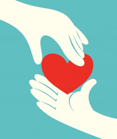 illustration of one hand giving a heart to another hand