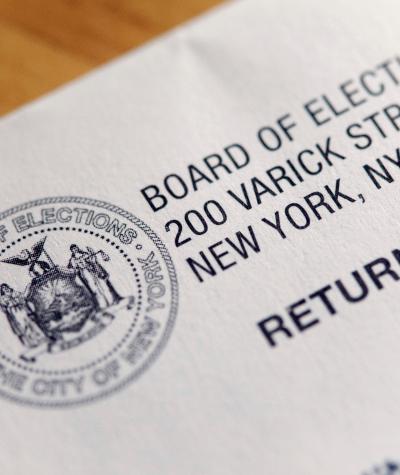 Close up of an envelope addressed to the New York Board of Elections