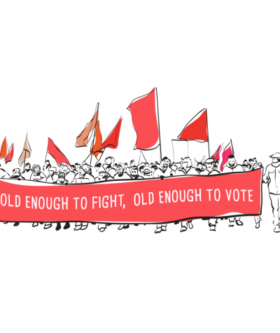 An illustration of a group of protestors carrying a banner which says "old enough to fight, old enough to vote".
