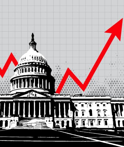 A black and white drawing of the U.S. Capitol Building with the jagged red line of a stock graph behind it.