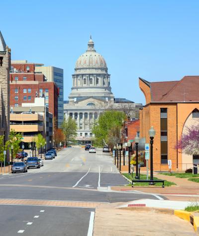 Street view of the Missouri State Capitol Building in Jefferson City, Missouri.