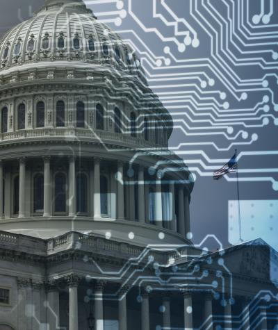 The U.S. capitol building with the American flag flying overlaid with an image of computer circuits