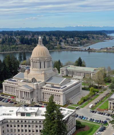 Aerial shot of the capitol building in Olympia, Washington