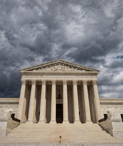 The U.S. Supreme Court building on a cloudy day