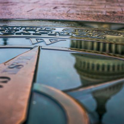 The dome of the U.S. Capitol Building reflected in a puddle on top of a compass rose.
