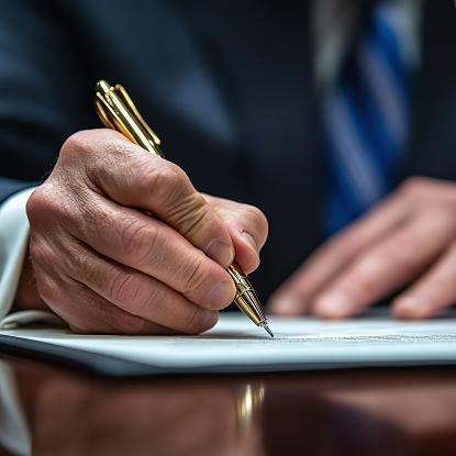 A man signs a document with a pen.