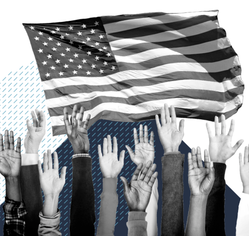 Multiracial hands are raised in front of an American flag