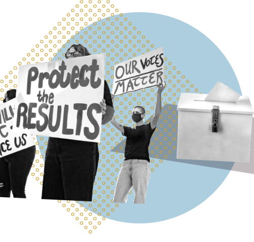 Collage illustration of people protesting to protect election results and ballot boxes