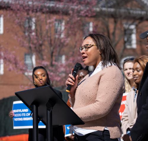 CLC staffer Valencia Richardson speaks at a voting rights press conference