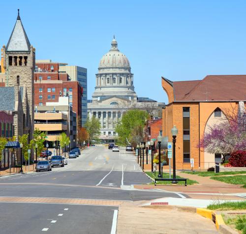 Street view of the Missouri State Capitol Building in Jefferson City, Missouri.