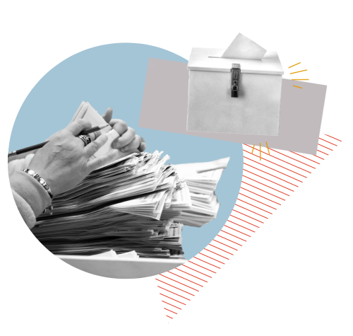 Voting collage with a woman's hands counting a stack of ballots and a ballot box.