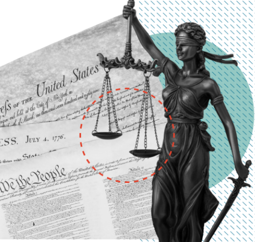 Blindfolded Lady Justice holds scales over U.S. historical documents, including the Declaration of Independence and Constitution, symbolizing law and fairness.