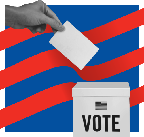 A hand placing a white ballot into a white ballot box labeled "VOTE" against a blue background with red diagonal ribbons.