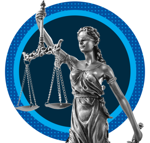 Statue of Lady Justice, blindfolded and holding balanced scales