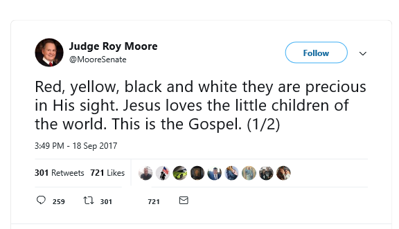 Judge Roy Moore Racial Tweet
