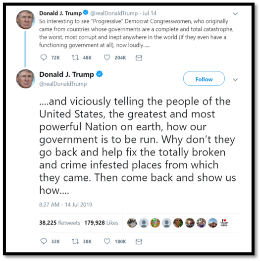 President Trump sent out a series of tweets in which he told four congresswomen of color to “go back” to their nations of origin, even though each of them are U.S. citizens and three were born in the United States.