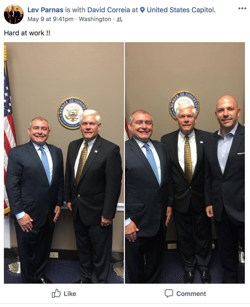 Facebook post with pictures of Lev Parnas and David Correia at the United States Capitol on May 9