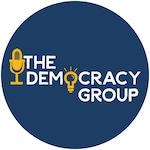 The Democracy Group logo on a blue background with yellow microphones
