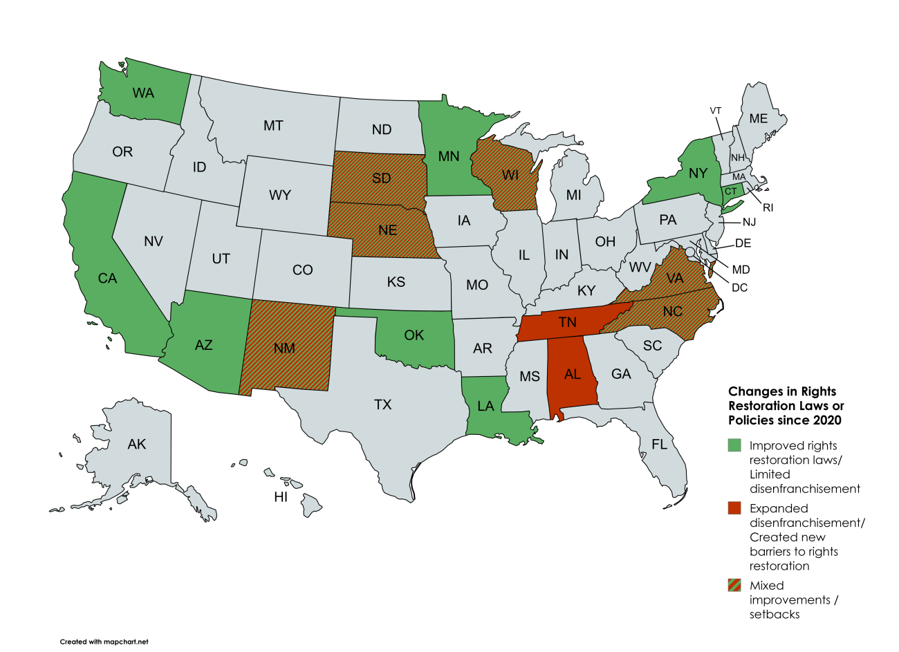 Map depicting changes in rights restoration laws and policies since 2020