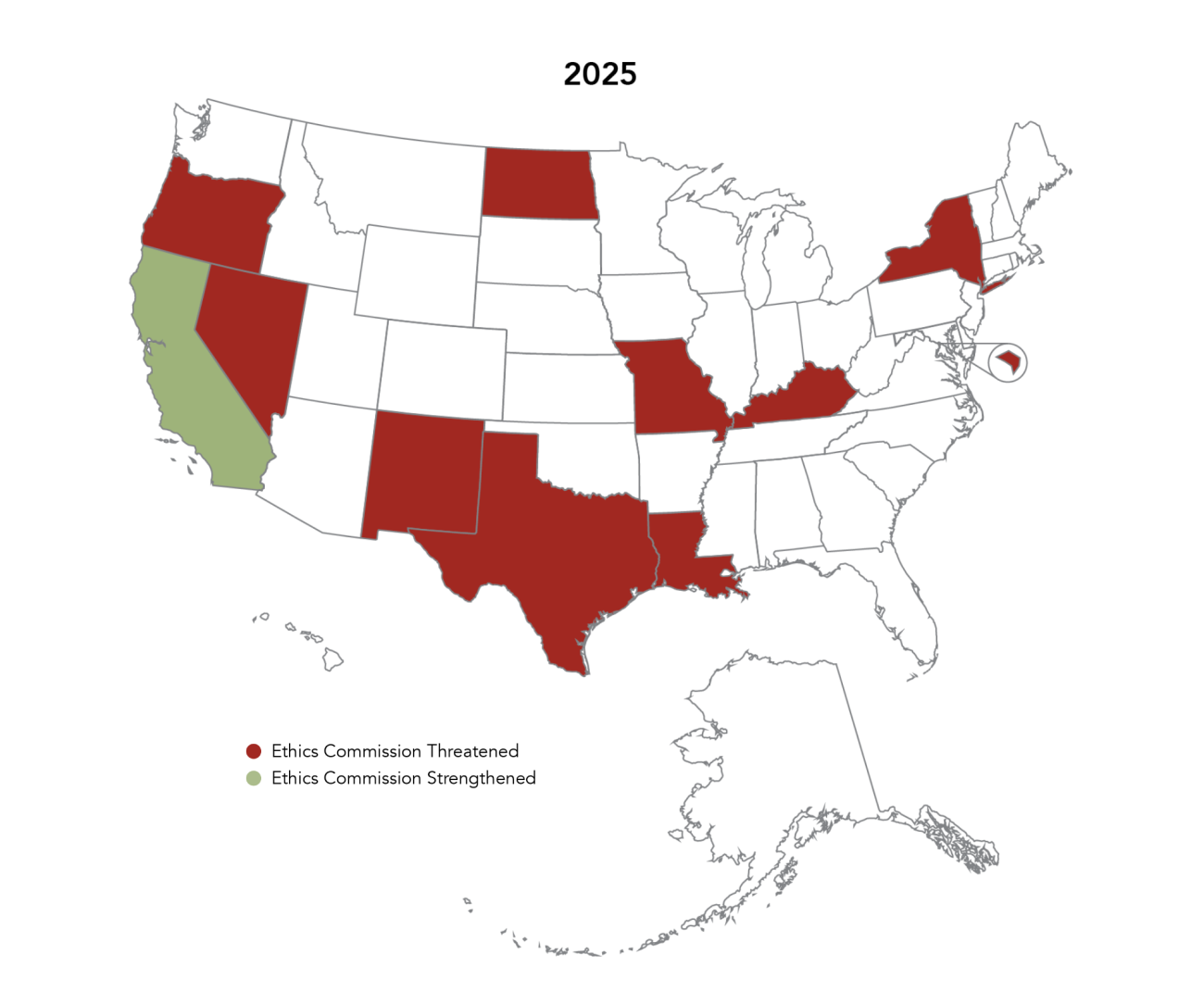 A map depicting trends of threats launched against state ethics commissions in the U.S.